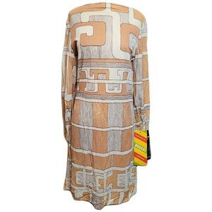 Vintage Dress Acetate Abstract Geometric Tan White Short Long Sleeve Sz 10 Tags